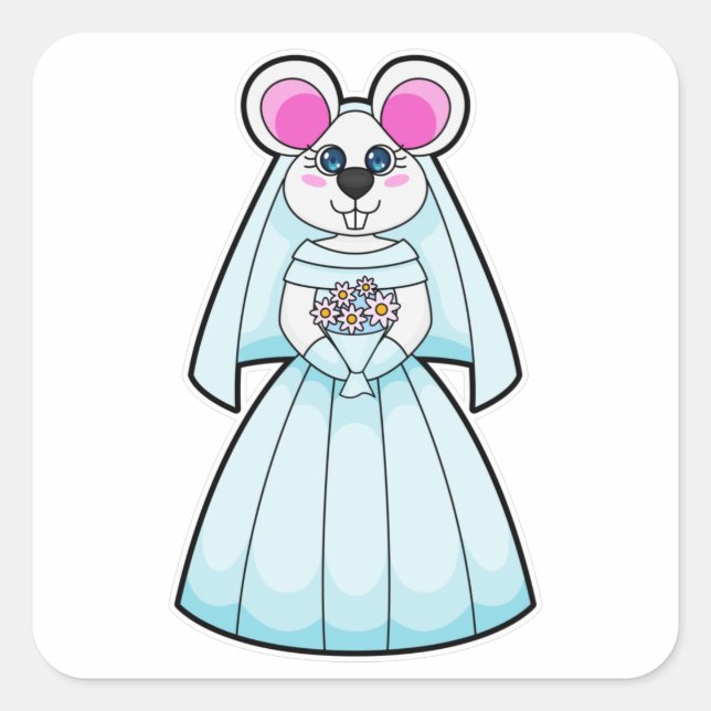 Maus als Braut mit Haufen Blume Quadratischer Aufkleber (Vorderseite)
