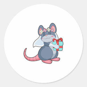 Maus als Braut mit Schleier und Geschenk.PNG Runder Aufkleber