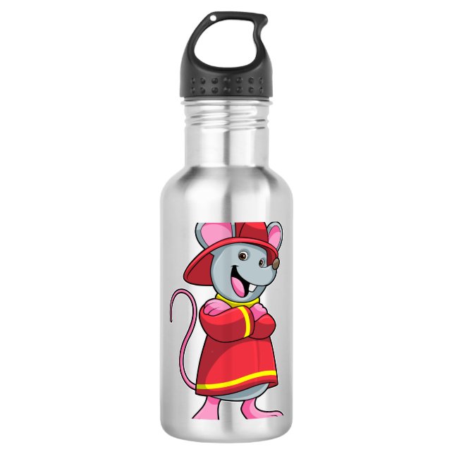 Maus als Feuerwehrmann mit Helm Edelstahlflasche (Vorderseite)