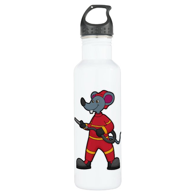 Maus als Feuerwehrmann mit Schlauch Edelstahlflasche (Vorderseite)