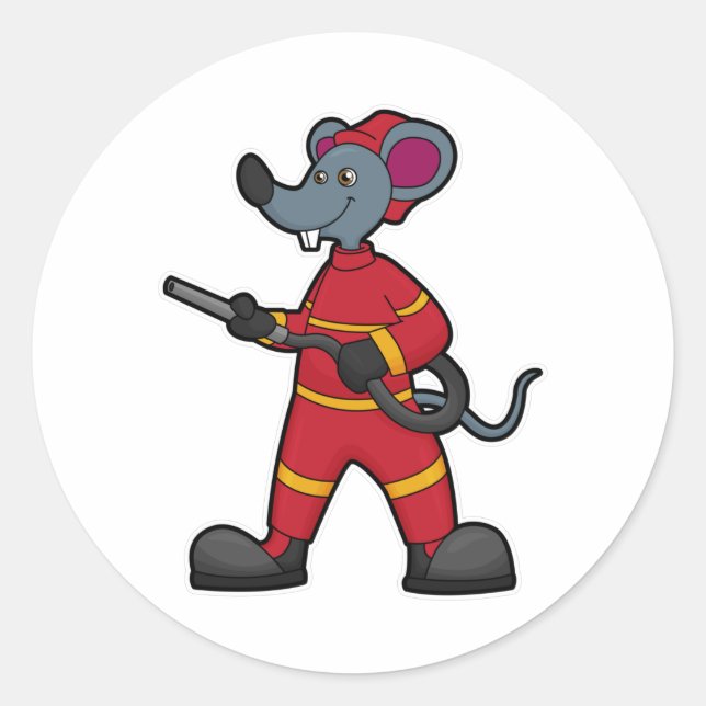 Maus als Feuerwehrmann mit Schlauch Runder Aufkleber (Vorderseite)