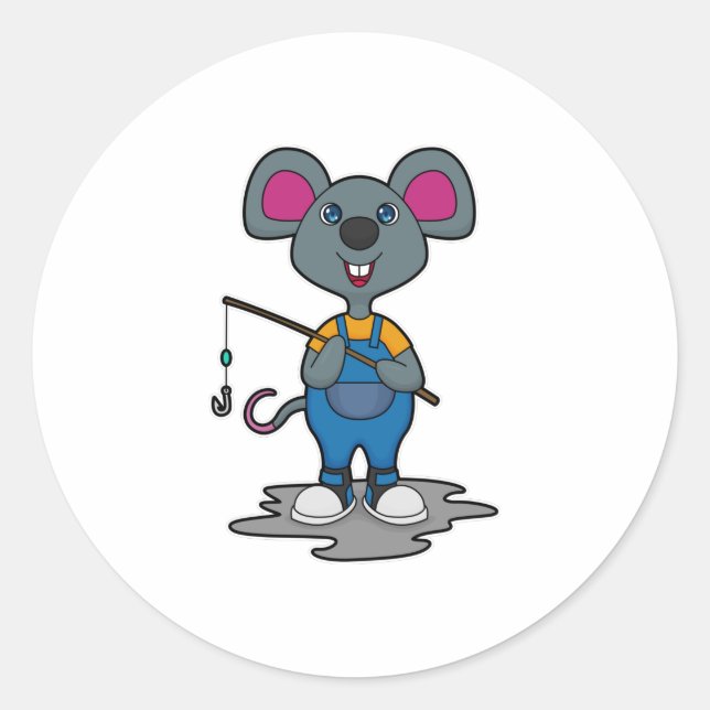 Maus als Fisher mit Angelrute Runder Aufkleber (Vorderseite)