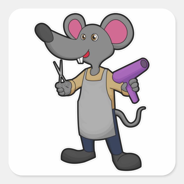 Maus als Friseur mit Schere & Haartrockner Quadratischer Aufkleber (Vorderseite)