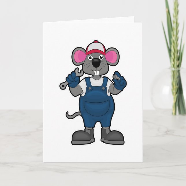 Maus als Mechaniker mit Schraube & Schraubenschlüs Karte (Vorderseite)