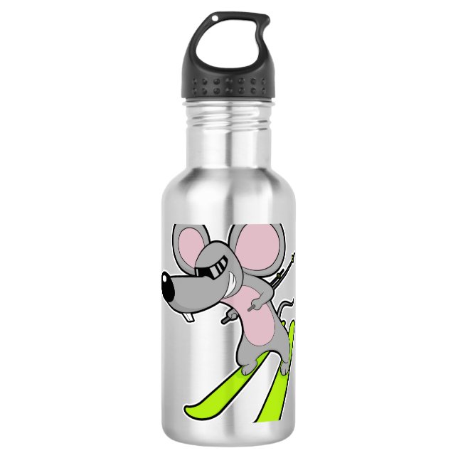 Maus als Skifahrer mit Ski Edelstahlflasche (Vorderseite)