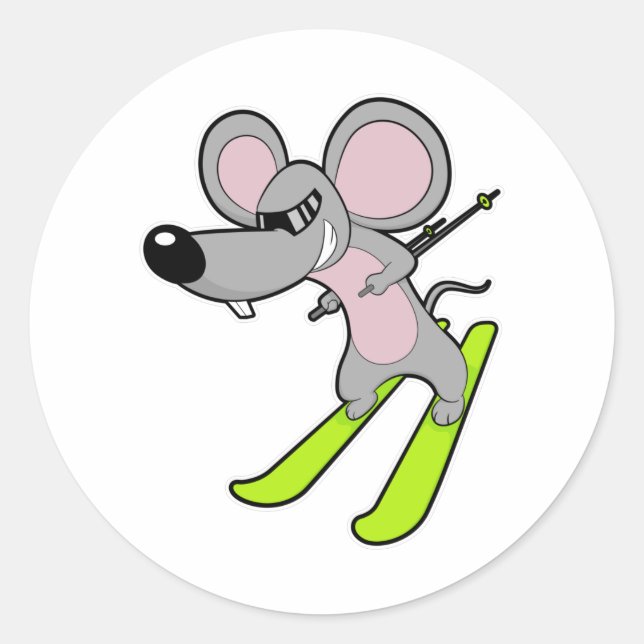 Maus als Skifahrer mit Ski Runder Aufkleber (Vorderseite)