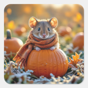 Maus auf einem Autumn Pumpkin Quadratischer Aufkleber