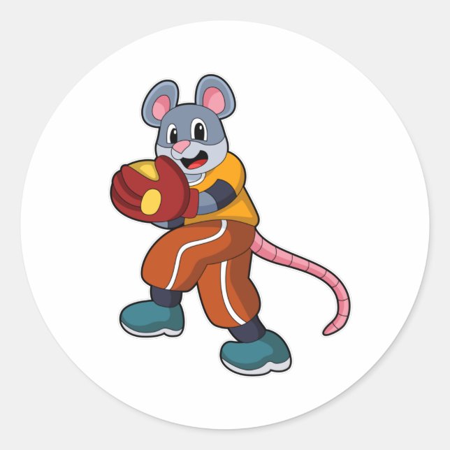 Maus bei Baseball mit Baseball-Handschuh Runder Aufkleber (Vorderseite)