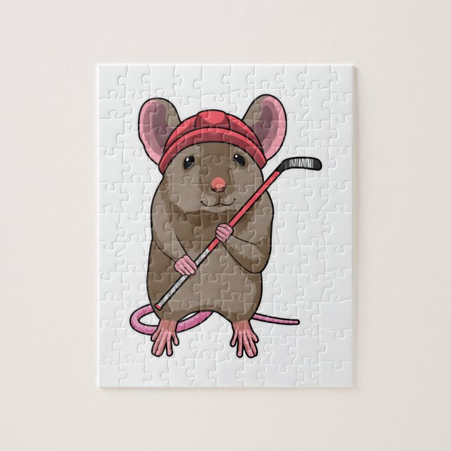 Maus bei Eishockey mit Eishockeystick mit Eishocke (Vertikal)