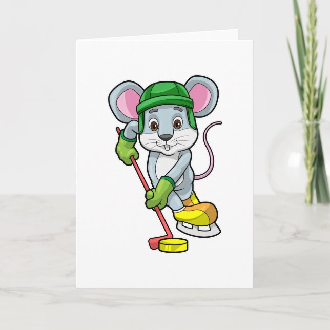 Maus bei Eishockey mit Eishockeystick mit Eishocke Karte (Vorderseite)