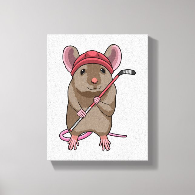 Maus bei Eishockey mit Eishockeystick mit Eishocke Leinwanddruck (Vorderseite)