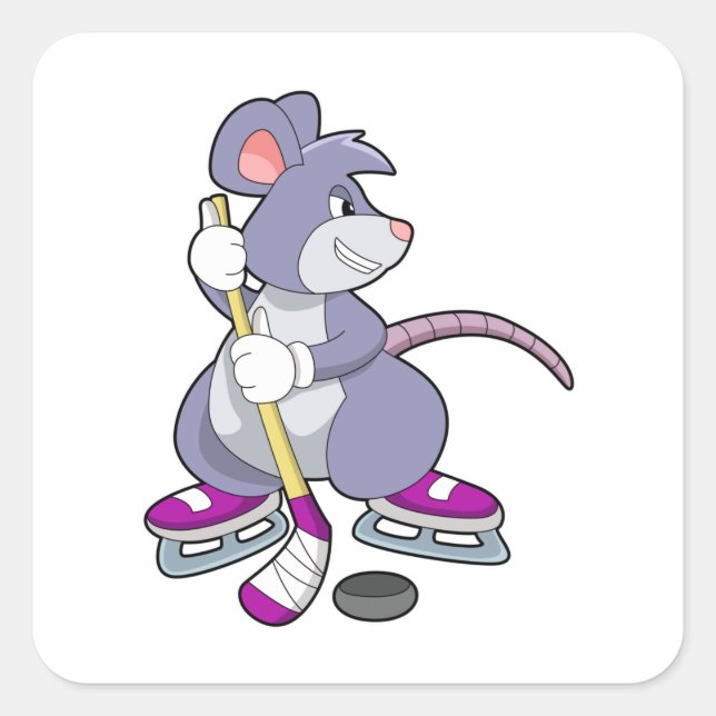 Maus bei Eishockey mit Eishockeystick mit Eishocke Quadratischer Aufkleber (Vorderseite)
