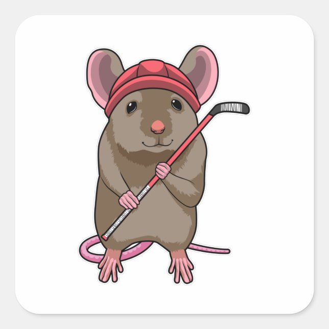 Maus bei Eishockey mit Eishockeystick mit Eishocke Quadratischer Aufkleber (Vorderseite)