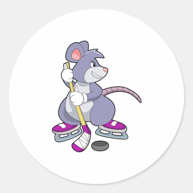 Maus bei Eishockey mit Eishockeystick mit Eishocke Runder Aufkleber (Vorderseite)
