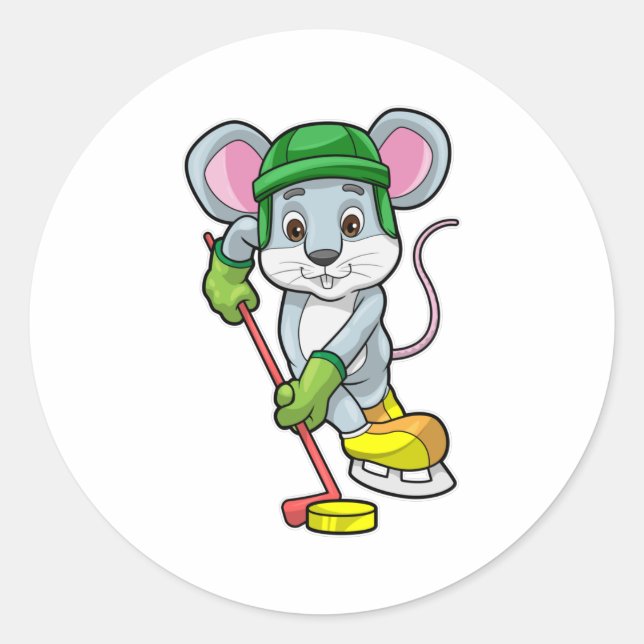 Maus bei Eishockey mit Eishockeystick mit Eishocke Runder Aufkleber (Vorderseite)