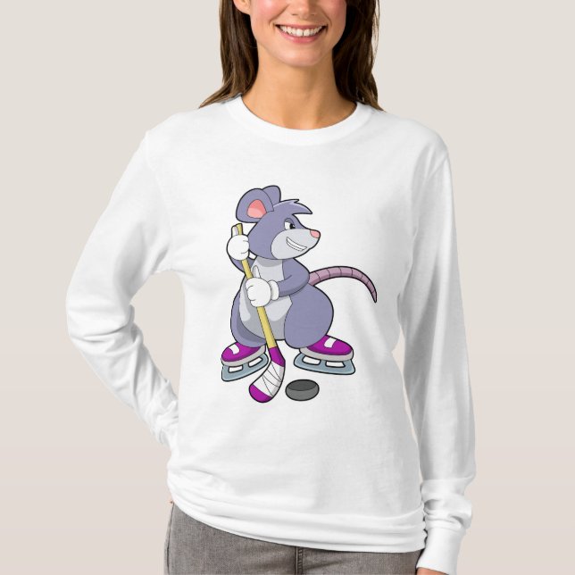Maus bei Eishockey mit Eishockeystick mit Eishocke T-Shirt (Vorderseite)