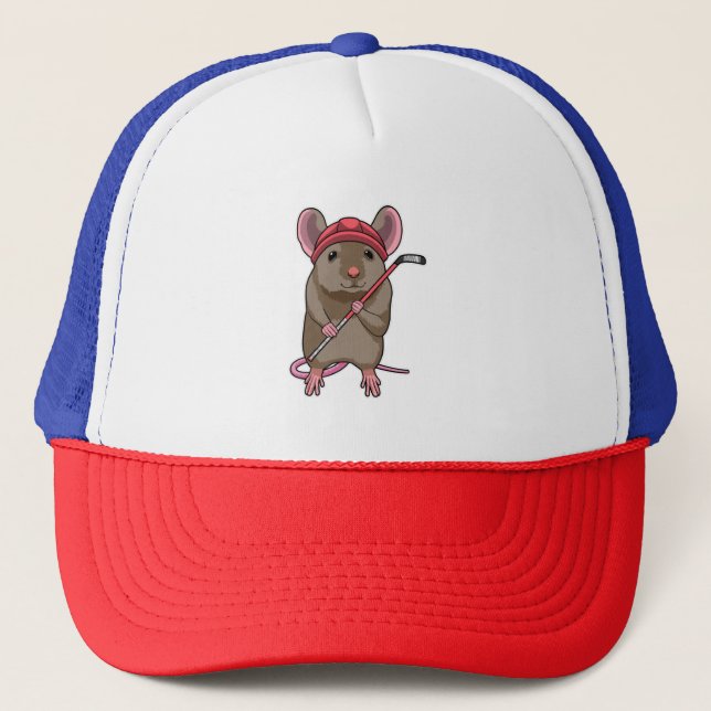 Maus bei Eishockey mit Eishockeystick mit Eishocke Truckerkappe (Vorderseite)