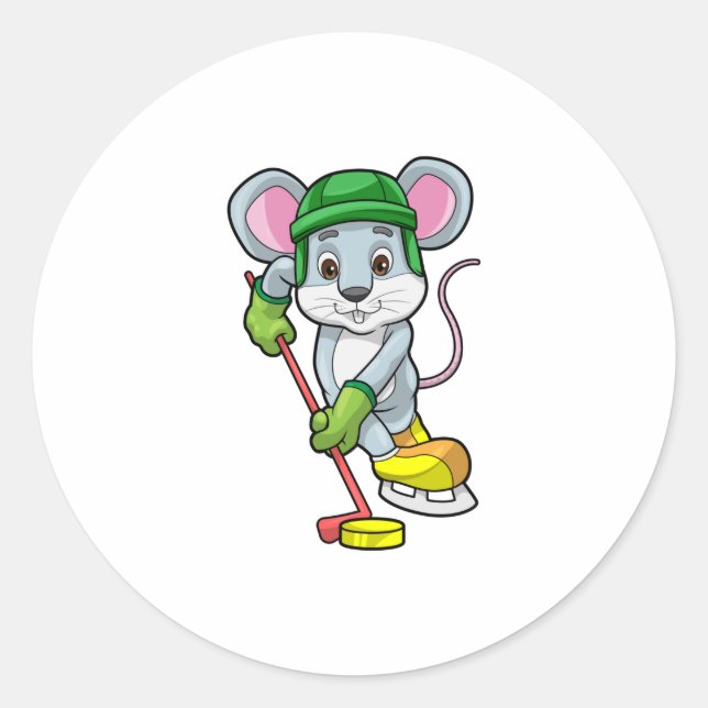 Maus bei Eishockey mit Hockeystick Runder Aufkleber (Vorderseite)