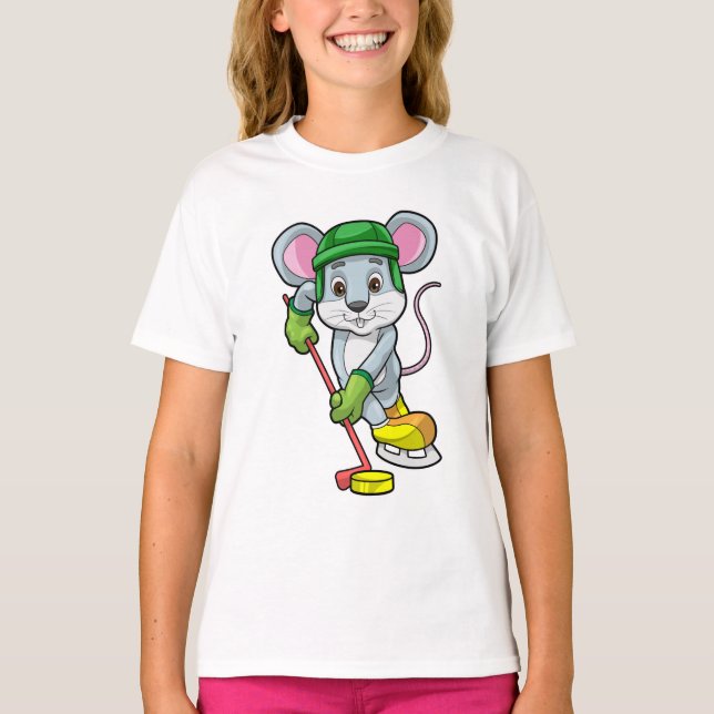 Maus bei Eishockey mit Hockeystick T-Shirt (Vorderseite)