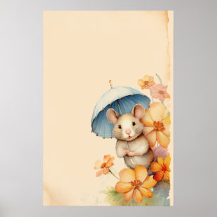 Maus blaue Schirmblumen altes Papier Poster