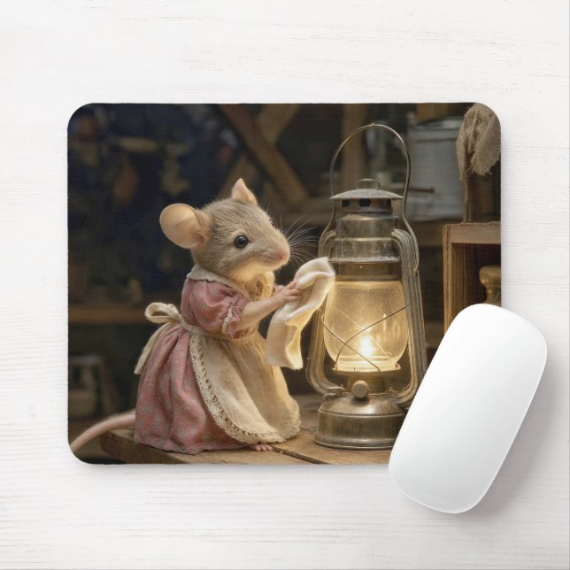 Maus, das eine alte Laterne abstaubt Mousepad (Mit Mouse)