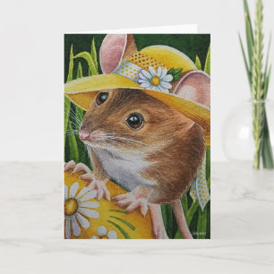 Maus im Häubchen findet gelbes Ei Aquarell Kunst Karte