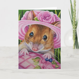 Maus im Hut findet rosa Ei Aquarell-Kunst Karte