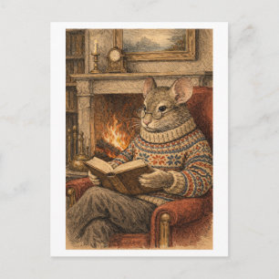 Maus im Vintage-Stil liest ein Buch Postkarte