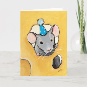Maus in einem blauen Partyhut - Leere Tierkunstkar Karte