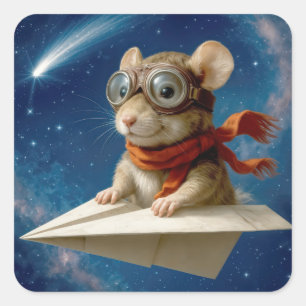 Maus in einem Papierflugzeug Quadratischer Aufkleber