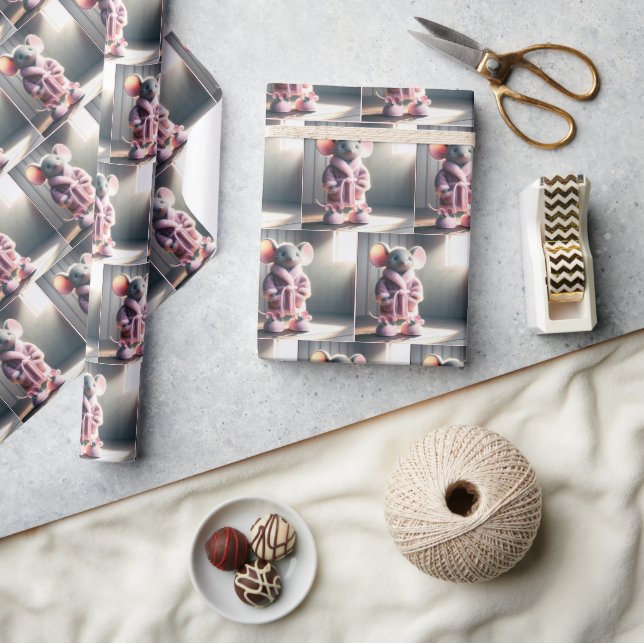 Maus in einem rosa Gewand mit Hausschuhen Geschenkpapier (Kunsthandwerk)