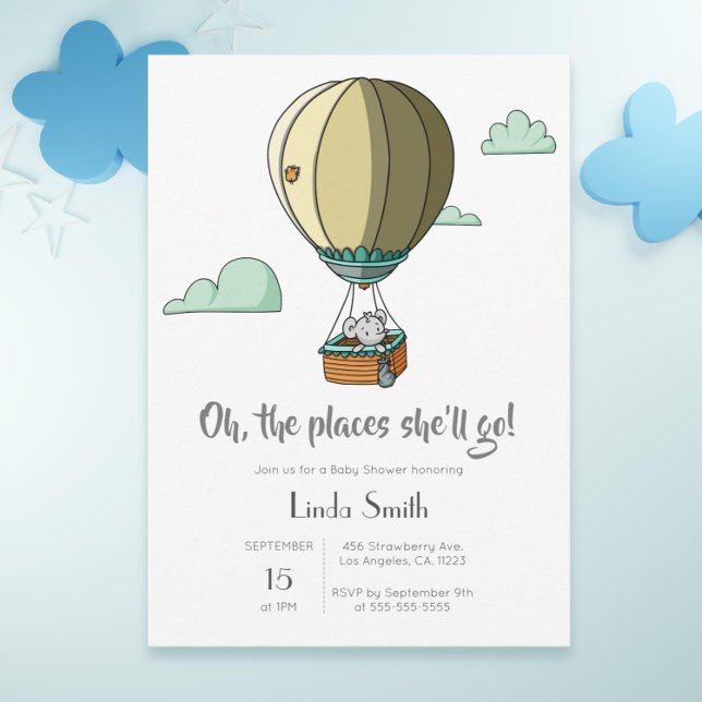 Maus in Hot Air Ballon Neutral Baby Dusche Einladung (Hot air balloon with mouse baby shower invitation)