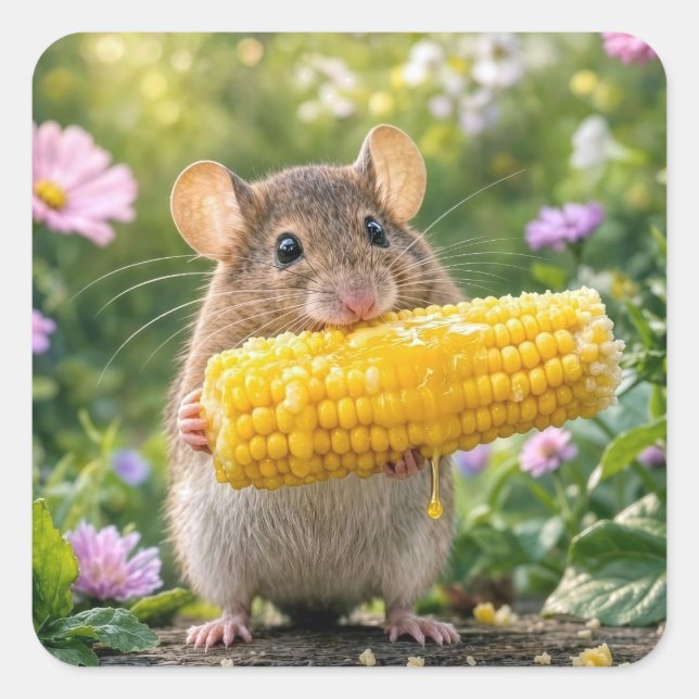 Maus isst Maiskolben Quadratischer Aufkleber (Vorderseite)