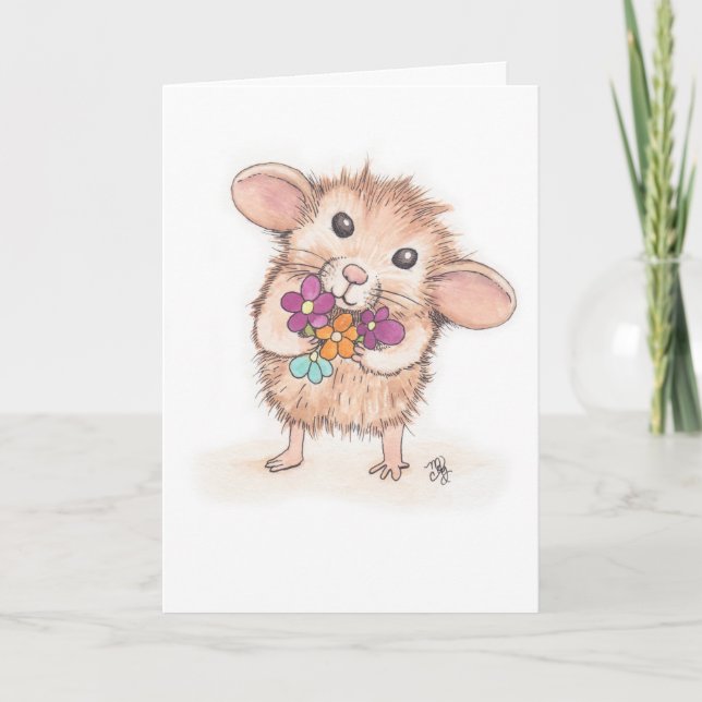 Maus mit Blume Bouquet Happy Birthday Karte (Vorderseite)