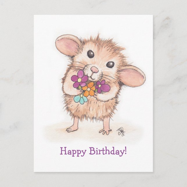Maus mit Blume Bouquet Happy Birthday Postkarte (Vorderseite)