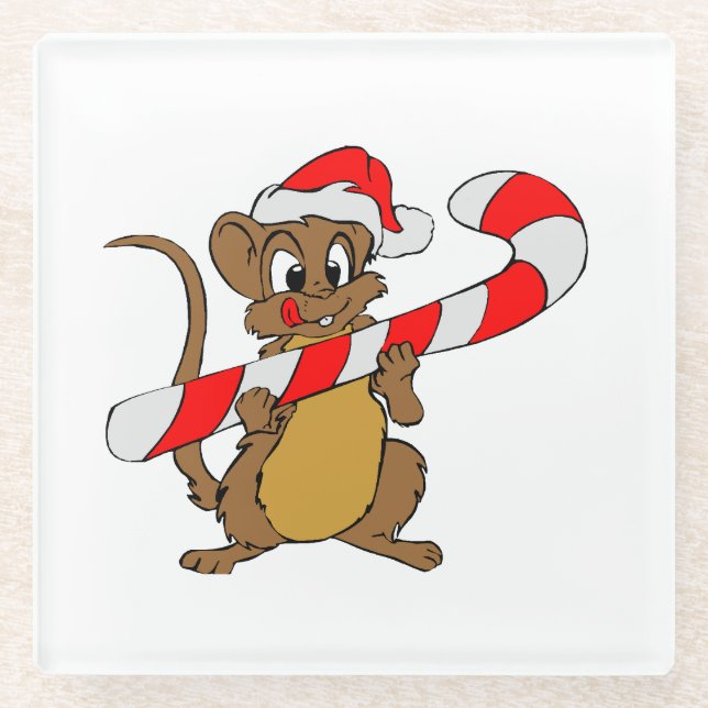 Maus mit einem Weihnachtskandinken Glasuntersetzer (Vorderseite)