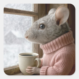 Maus mit einer Tasse Kaffee Quadratischer Aufkleber