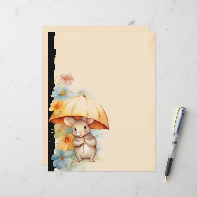 Maus mit gelbem Regenschirm in orange-rosa Blume (Vorderseite/Rückseite Beispiel)