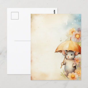 Maus mit gelbem Regenschirm Wasserfarbenhintergrun Postkarte