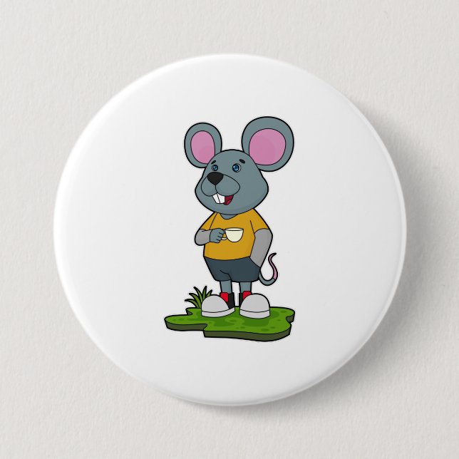 Maus mit Kaffeetasse Button (Vorderseite)