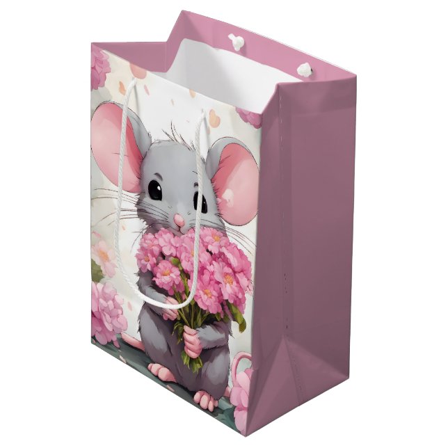 Maus mit rosa Blume Bouquet Mittlere Geschenktüte (Vorderseite Schrägansicht)