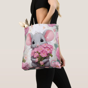 Maus mit rosa Blumenstrauß Tasche