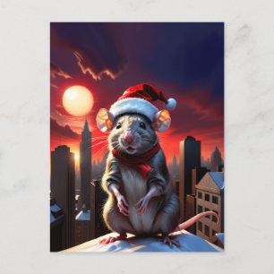 Maus mit Weihnachtsmannmütze hoch auf dem Dach am Postkarte