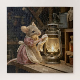 Maus putzt eine alte Laterne