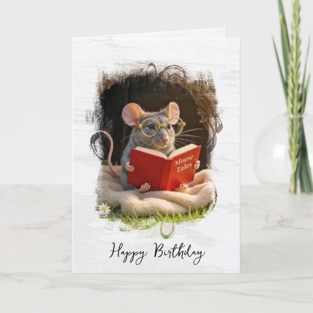 Maus zum Geburtstag liest ein Buch Karte (Vorderseite)