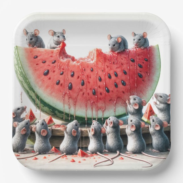 Mäuse auf einem Juicy Watermelon Wedge Pappteller (Vorderseite)