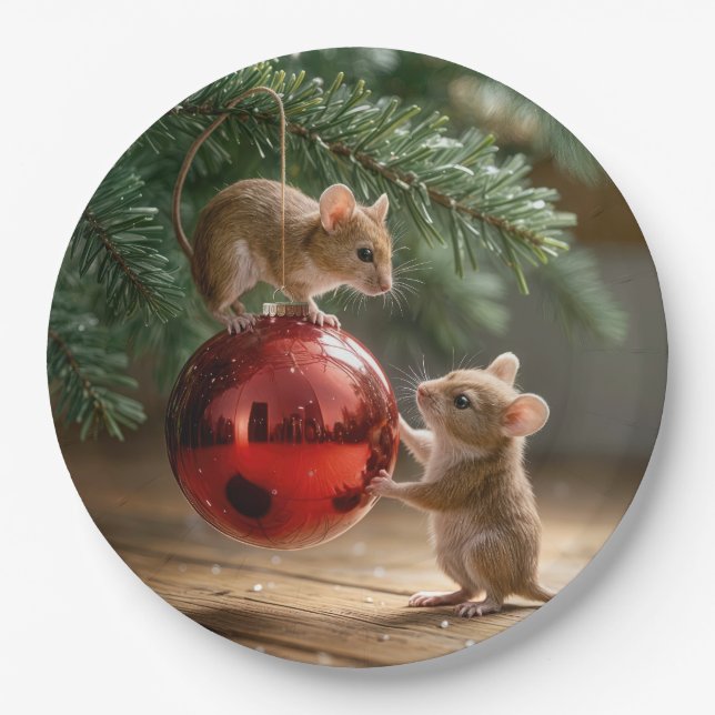 Mäuse auf einem roten Weihnachtsschmuck Pappteller (Vorderseite)