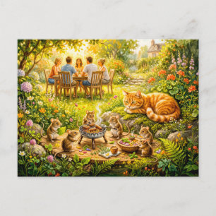 Mäuse-Garten-Barbecue mit beobachtender Katze Postkarte