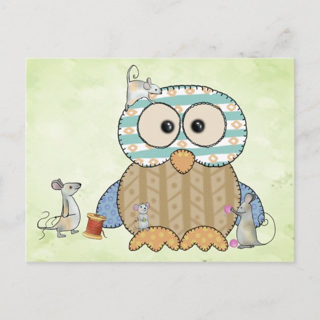 Mäuse nähen Eule Postkarte (Vorderseite)