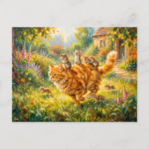 Mäuse reiten auf einer Katze durch den Garten Postkarte